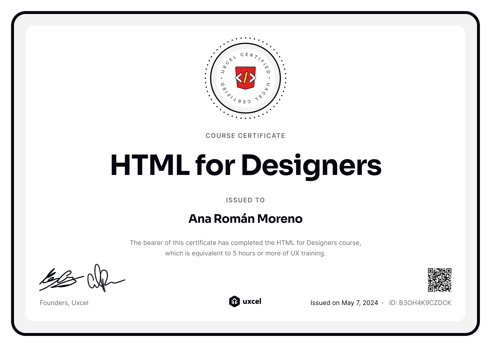 Ana Román Moreno's certificate